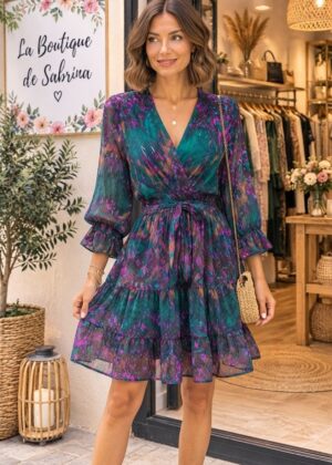 Robe courte manches mi longues verte et mauve