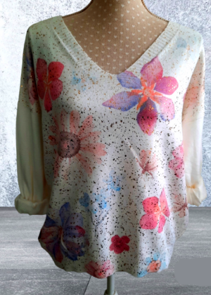 Pull femme fleurs et doré Encolure V