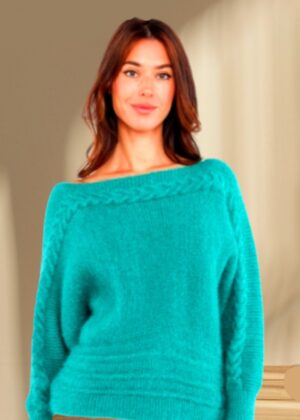 Pull en laine vert col bateau