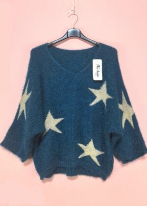 Pull bleu jeans étoiles dorées