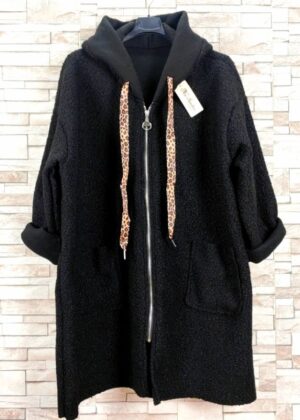 Manteau bouclettes noir à capuche cordon Léopard