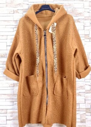 Manteau bouclettes camel à capuche cordon Léopard