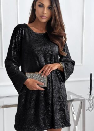 Robe de fête noire à sequins noeud dans le dos