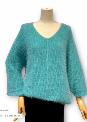 Pull turquoise femme col V doux mailles fines scintillantes effet pailletées