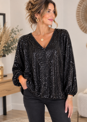 Blouse à sequins noire col V spécial fête