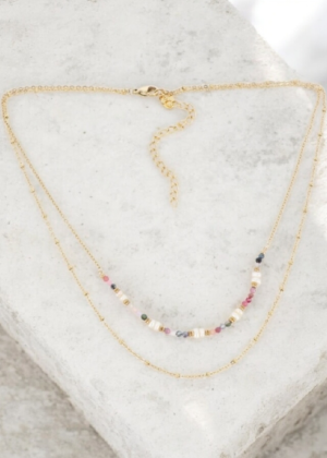 Collier Aryne 2 rangs , perles d’eau douces et pierres naturelles vieux rose