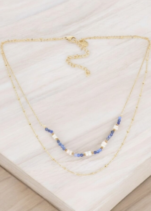 Collier Aryne 2 rangs , perles d’eau douces et pierres naturelles bleues