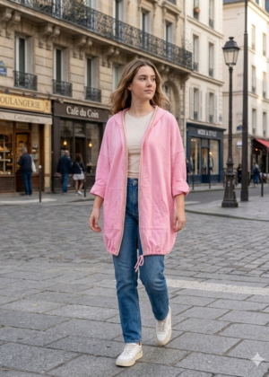 Veste élégante en coton rose à capuche
