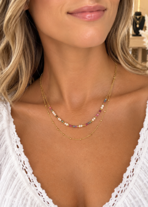 Collier Aryne 2 rangs , perles d’eau douces et pierres naturelles vieux rose
