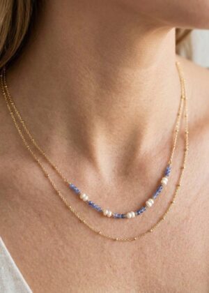 Collier Aryne 2 rangs , perles d’eau douces et pierres naturelles bleues