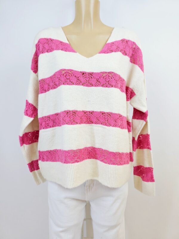 Pull rayé fuchsia et écru femme effet dentelle