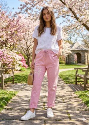 Pantalon femme chic grande taille rose étoile argentée