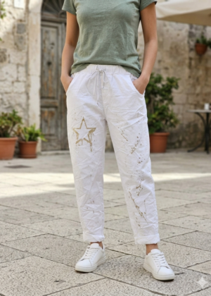 Pantalon chic femme grande taille blanc étoile argentée