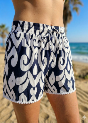 Short femme imprimé bleu et blanc