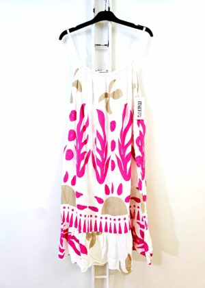Robe d’été bohème à bretelles fines imprimé Fuschia et beige
