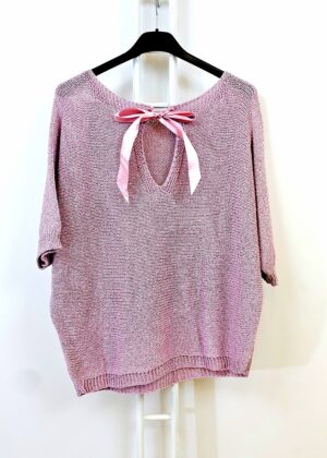 Pull Rose Femme en maille Lurex avec Nœud Satiné
