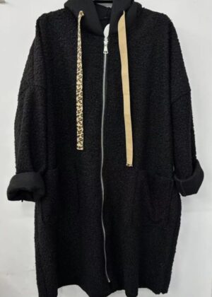 Manteau long noir femme oversize en laine bouclée et cordon léopard