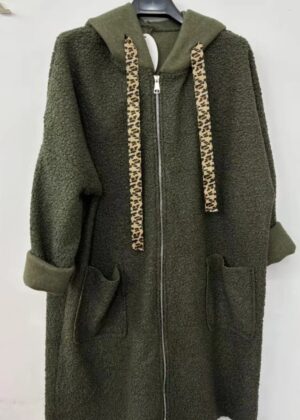 Manteau long kaki femme oversize en laine bouclée avec capuche et cordon Léopard
