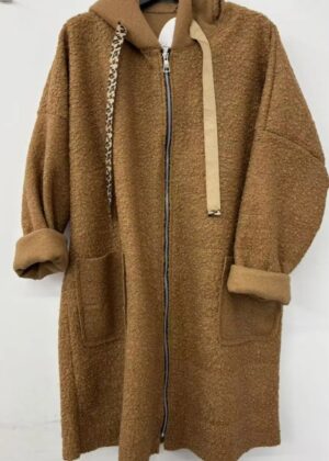 Manteau long camel femme oversize en laine bouclée avec capuche et cordon Léopard