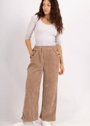 Pantalon en velours camel stretch avec boutons décoratifs