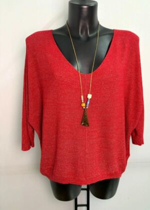 Pull fin femme fils argentés Rouge