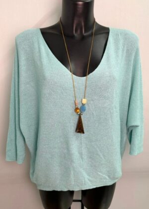 Pull fin femme fils argentés vert d’eau