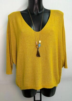 Pull fin femme fils argentés Moutarde