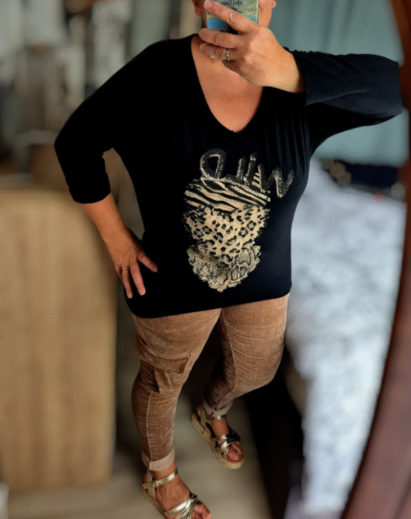 Tunique femme coton imprimé cœur léopard WILD – Taille unique 36/46 – Noire ou beige.