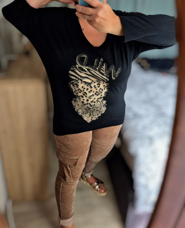 Tunique femme coton imprimé cœur léopard WILD – Taille unique 36/46 – Noire ou beige.