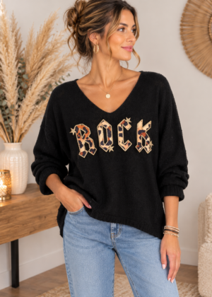 Pull fin noir et Léopard inscription Rock Chic et tendance