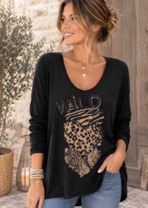 Tunique femme coton imprimé cœur léopard WILD – Taille unique 36/46 – Noire ou beige.