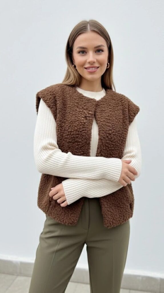Gilet sans manches marron effet mouton – Tendance & confort