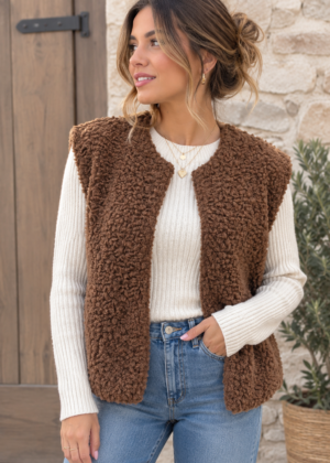 Gilet sans manches marron effet mouton – Tendance & confort