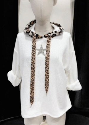 Sweat Blanc chic à capuche Léopard