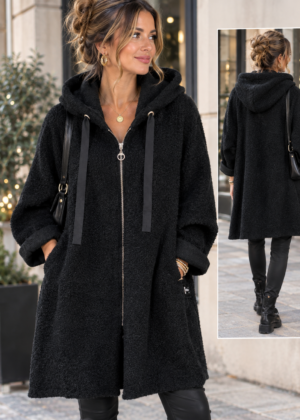 Manteau bouclette zippé à capuche Noir