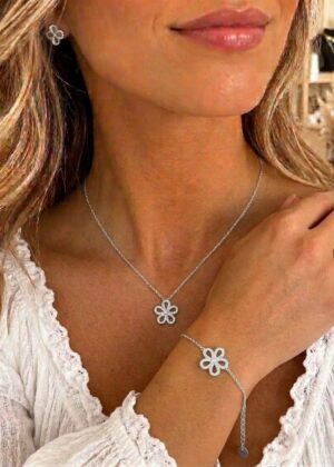 Parure de bijoux Argentée fleur scintillante