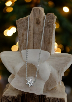 Collier fleur scintillant argenté
