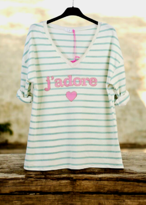 Haut Femme Rayé bleu ciel " j’adore "