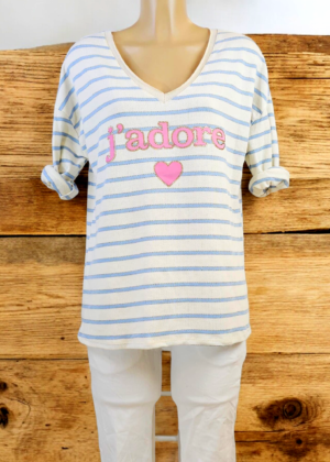 Haut Femme Rayé bleu ciel " j’adore "