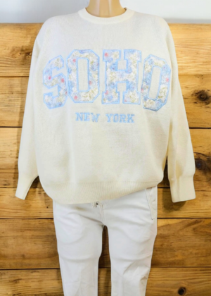 Pull Femme inscription SOHO Lettres Florales Bleues