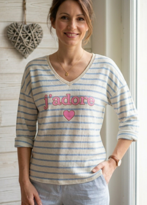 Haut Femme Rayé bleu ciel " j’adore "