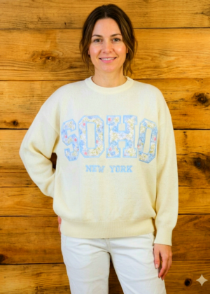 Pull Femme inscription SOHO Lettres Florales Bleues