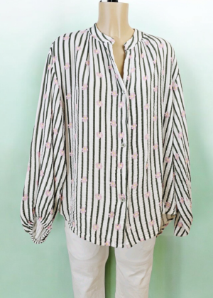 Chemise femme à rayures bleues et petites fleurs