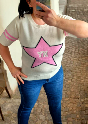 Pull femme étoile NY blanc et rose