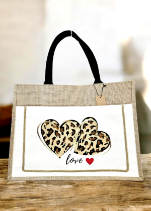 Sac Cabas Femme en Toile et Jute – Motif Cœurs Léopard « Love »