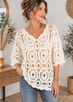 Pull Maille Crochet écru Bohême