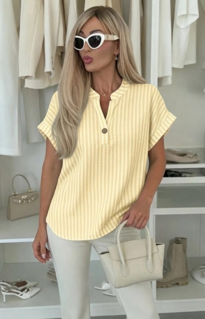 Blouse Rayée Jaune et Blanche à Col V