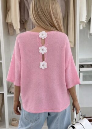 Pull Rose Pastel Col V - Dos Ouvert avec Fleurs Bijoux