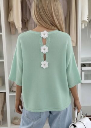 Pull Vert Pastel Col V - Dos Ouvert avec Fleurs Bijoux