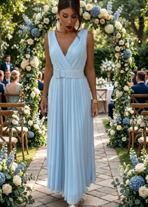 Robe de Cérémonie Bleue ciel Longue, plissée avec ceinture